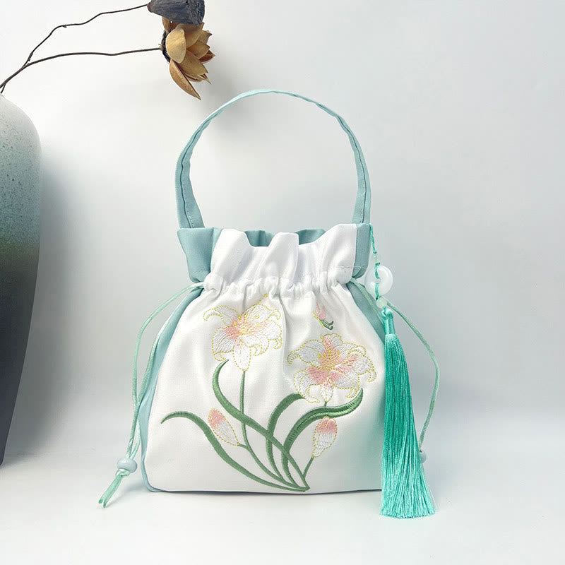 Buddha Stones刺繍の花と藤とユリのコットンリネントートバッグ、クロスボディバッグ、ショルダーバッグ、ハンドバッグ