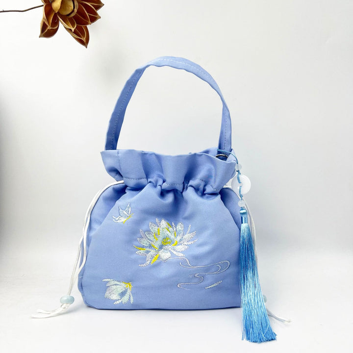 Buddha Stones刺繍入り蓮鯉鶴椿コットンリネントートバッグクロスボディバッグショルダーバッグハンドバッグ