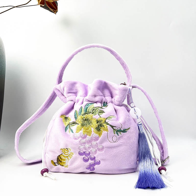 Buddha Stones刺繍入りキンモクセイ、牡丹、ブドウ、猫のコットンリネントートバッグ、クロスボディバッグ、ショルダーバッグ、ハンドバッグ