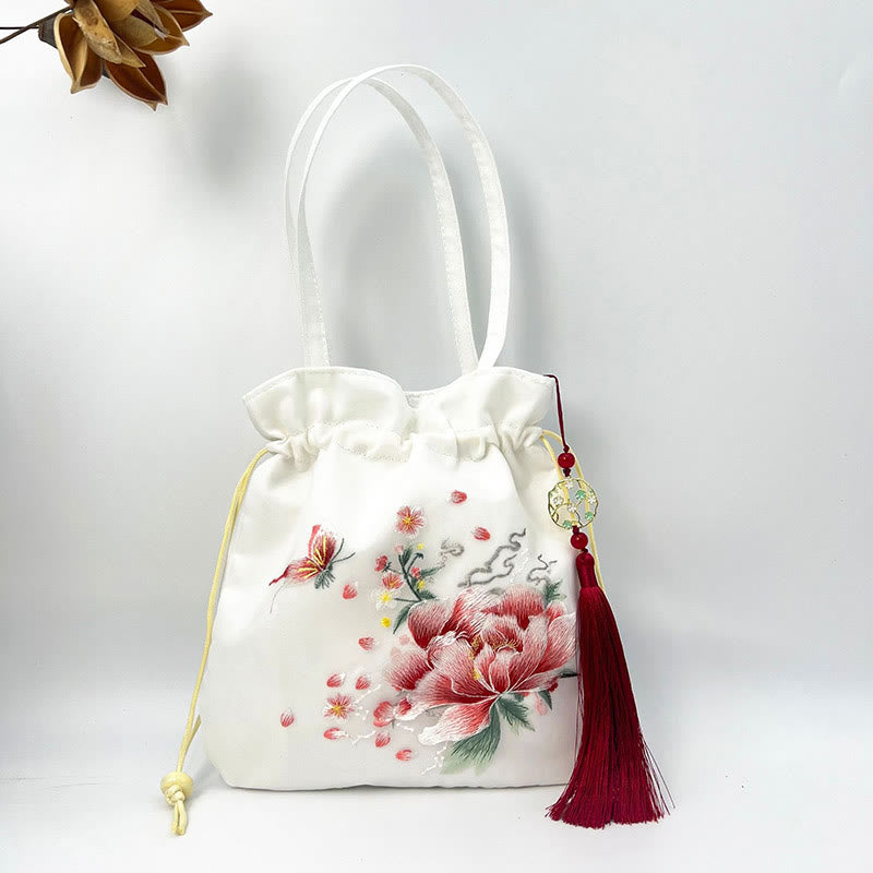 Buddha Stones蘇州刺繍蓮鹿花牡丹うさぎコットンリネントートバッグショルダーバッグハンドバッグ - 白牡丹 21×22cm - image 15