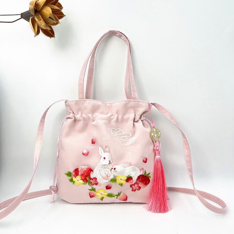 Buddha Stones蘇州刺繍蓮鹿花牡丹うさぎコットンリネントートバッグショルダーバッグハンドバッグ - ピンクストロベリーラビット 21×22cm - image 18