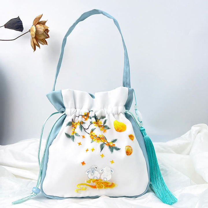 Buddha Stones蘇州刺繍ウサギ蓮花牡丹モクレンシルクトートクロスボディバッグショルダーバッグハンドバッグ