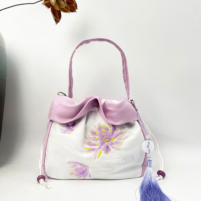Buddha Stones蘇州刺繍椿モクレン牡丹蓮シルクトートクロスボディバッグショルダーバッグハンドバッグ