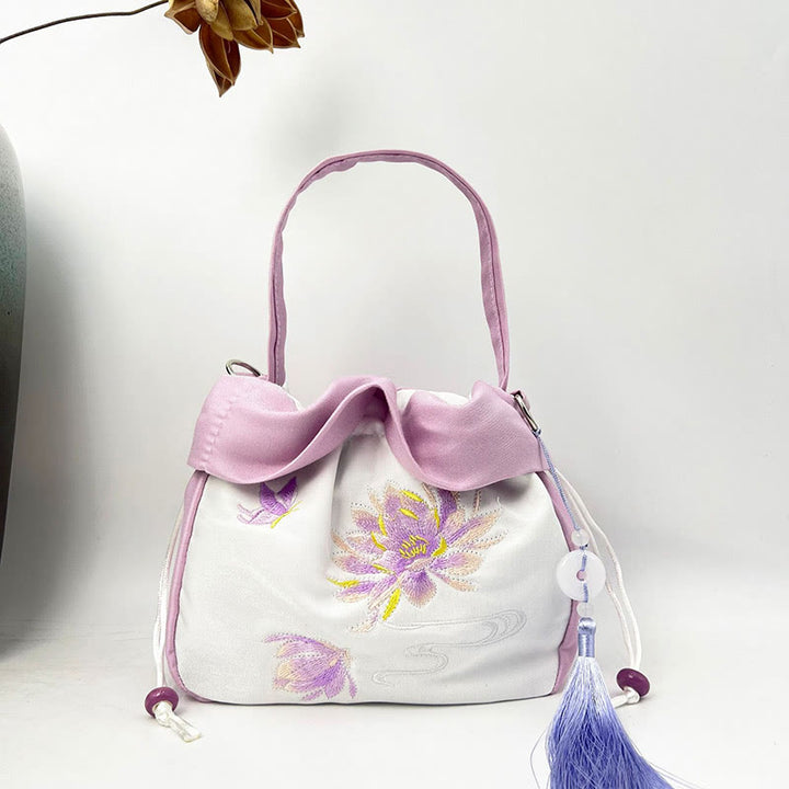 Buddha Stones蘇州刺繍椿モクレン牡丹蓮シルクトートクロスボディバッグショルダーバッグハンドバッグ