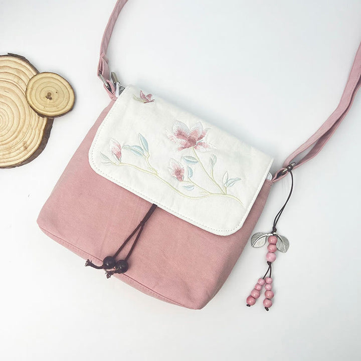 Buddha Stones刺繍の椿の花、クチナシ、桜の花、クロスボディバッグ、ショルダーバッグ、携帯バッグ