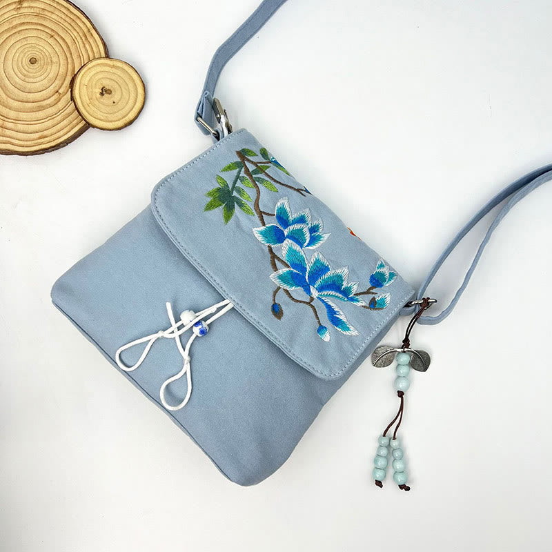 Buddha Stones刺繍の椿の花、クチナシ、桜の花、クロスボディバッグ、ショルダーバッグ、携帯バッグ