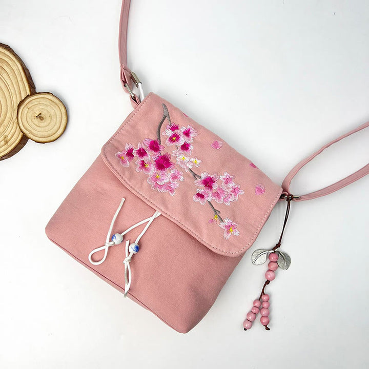 Buddha Stones刺繍の椿の花、クチナシ、桜の花、クロスボディバッグ、ショルダーバッグ、携帯バッグ