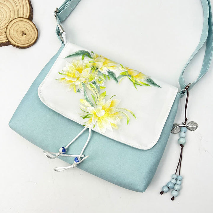 Buddha Stones刺繍の椿の花、クチナシ、桜の花、クロスボディバッグ、ショルダーバッグ、携帯バッグ