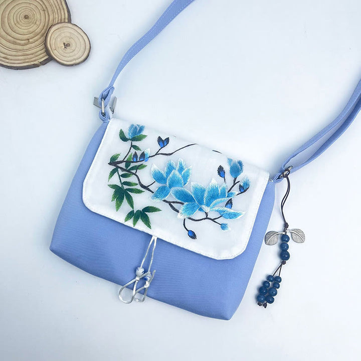 Buddha Stones刺繍の椿の花、クチナシ、桜の花、クロスボディバッグ、ショルダーバッグ、携帯バッグ