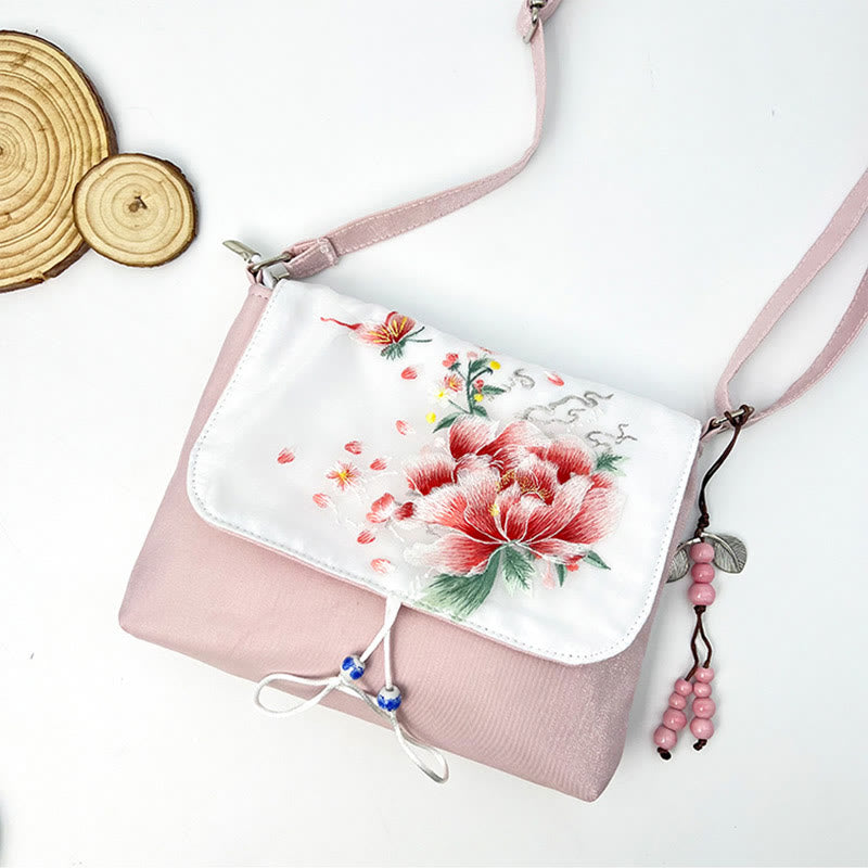 Buddha Stones刺繍の椿の花、クチナシ、桜の花、クロスボディバッグ、ショルダーバッグ、携帯バッグ