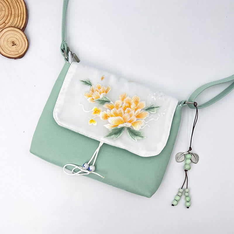 Buddha Stones刺繍の椿の花、クチナシ、桜の花、クロスボディバッグ、ショルダーバッグ、携帯バッグ