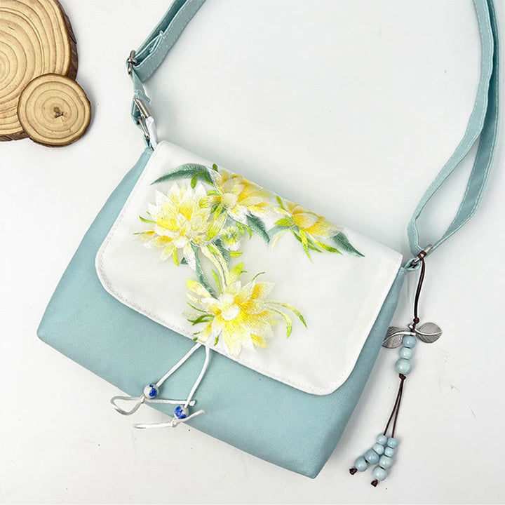 Buddha Stones刺繍の椿の花、クチナシ、桜の花、クロスボディバッグ、ショルダーバッグ、携帯バッグ