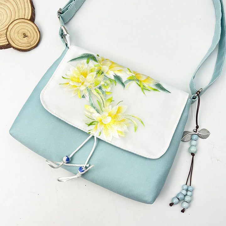 Buddha Stones刺繍の椿の花、クチナシ、桜の花、クロスボディバッグ、ショルダーバッグ、携帯バッグ