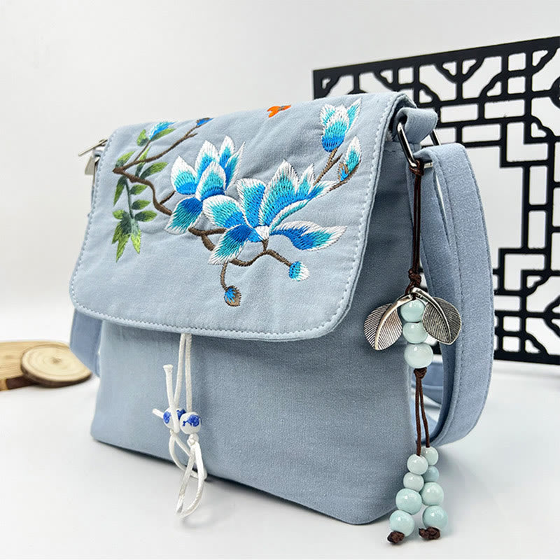 Buddha Stones刺繍の椿の花、クチナシ、桜の花、クロスボディバッグ、ショルダーバッグ、携帯バッグ