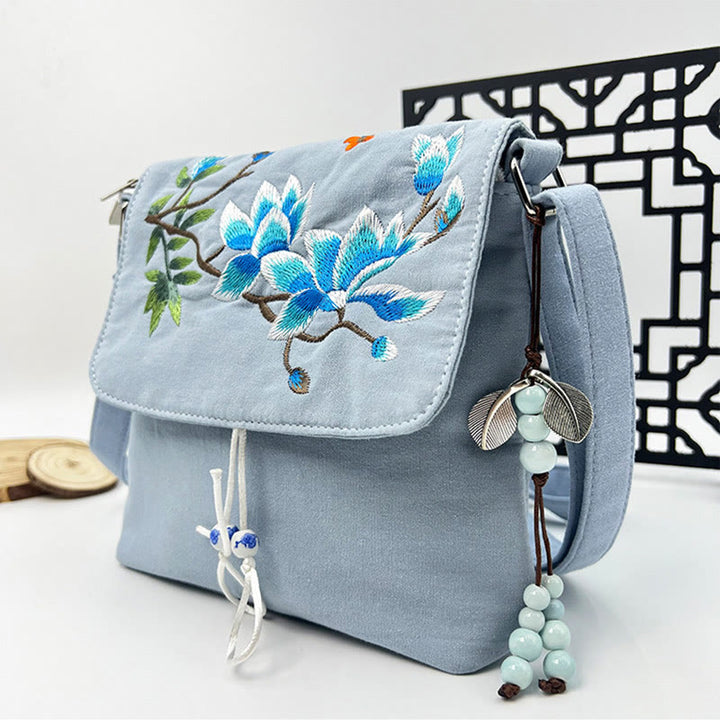 Buddha Stones刺繍の椿の花、クチナシ、桜の花、クロスボディバッグ、ショルダーバッグ、携帯バッグ