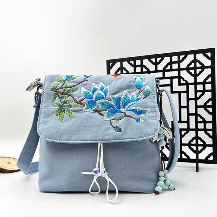 Buddha Stones刺繍の椿の花、クチナシ、桜の花、クロスボディバッグ、ショルダーバッグ、携帯バッグ