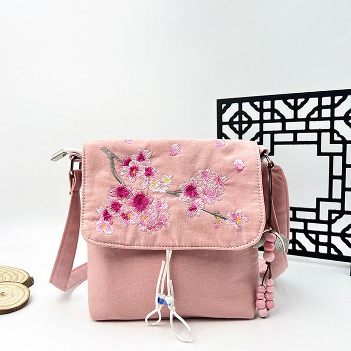 Buddha Stones刺繍の椿の花、クチナシ、桜の花、クロスボディバッグ、ショルダーバッグ、携帯バッグ