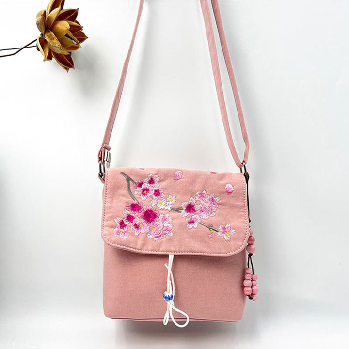 Buddha Stones刺繍の椿の花、クチナシ、桜の花、クロスボディバッグ、ショルダーバッグ、携帯バッグ