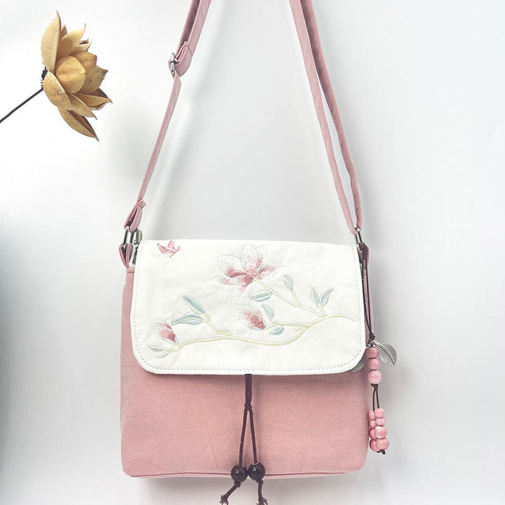 Buddha Stones刺繍の椿の花、クチナシ、桜の花、クロスボディバッグ、ショルダーバッグ、携帯バッグ