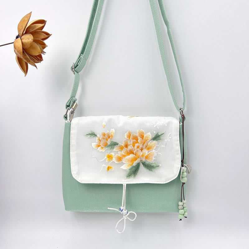 Buddha Stones刺繍の椿の花、クチナシ、桜の花、クロスボディバッグ、ショルダーバッグ、携帯バッグ