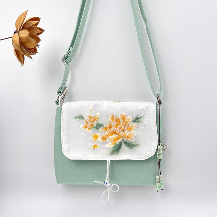 Buddha Stones刺繍の椿の花、クチナシ、桜の花、クロスボディバッグ、ショルダーバッグ、携帯バッグ