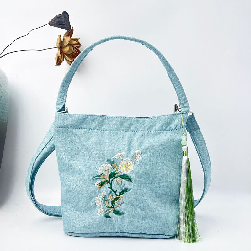 Buddha Stones刺繍藤梅蓮桜コットンリネンキャンバストートクロスボディバッグショルダーバッグハンドバッグ