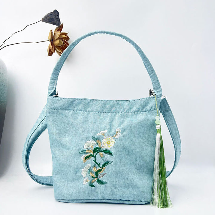 Buddha Stones刺繍藤梅蓮桜コットンリネンキャンバストートクロスボディバッグショルダーバッグハンドバッグ