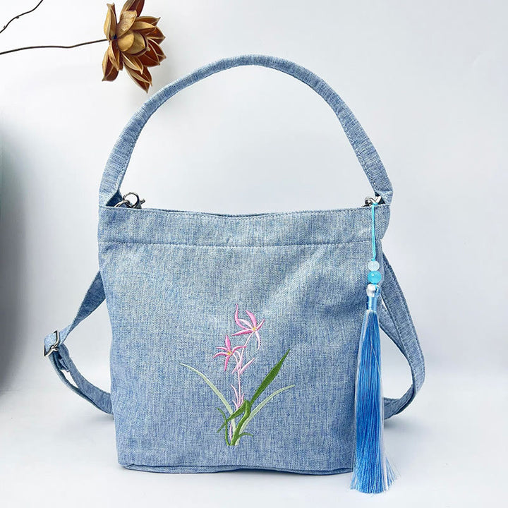 Buddha Stones刺繍藤梅蓮桜コットンリネンキャンバストートクロスボディバッグショルダーバッグハンドバッグ