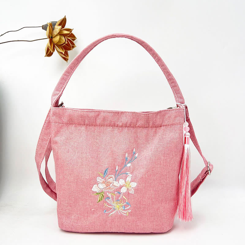 Buddha Stones刺繍藤梅蓮桜コットンリネンキャンバストートクロスボディバッグショルダーバッグハンドバッグ