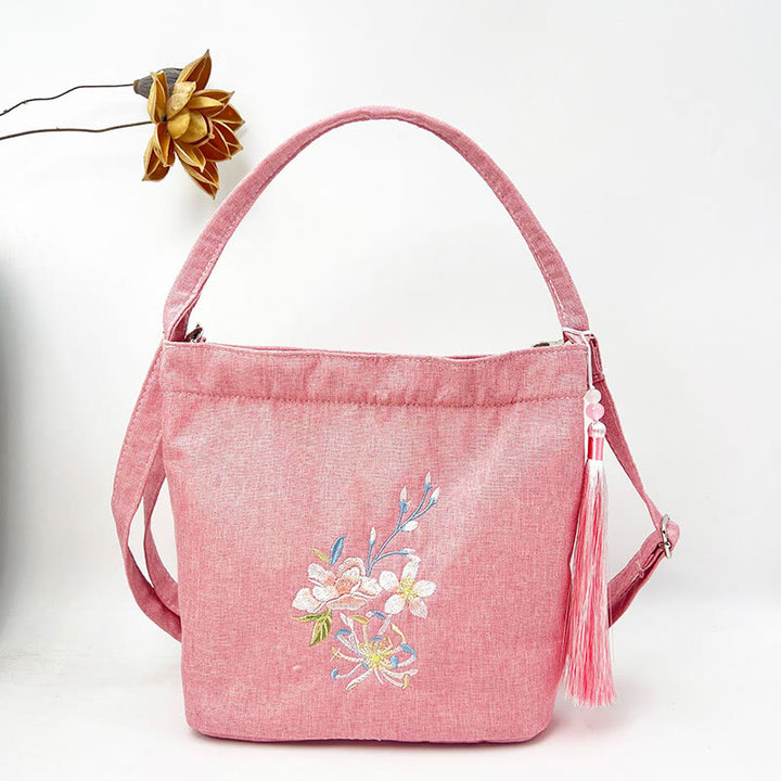 Buddha Stones刺繍藤梅蓮桜コットンリネンキャンバストートクロスボディバッグショルダーバッグハンドバッグ