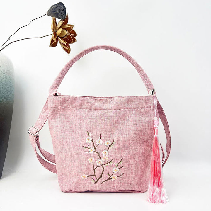 Buddha Stones刺繍藤梅蓮桜コットンリネンキャンバストートクロスボディバッグショルダーバッグハンドバッグ