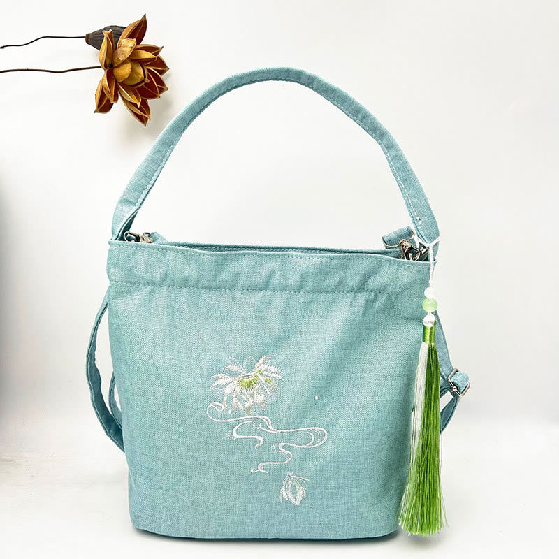 Buddha Stones刺繍藤梅蓮桜コットンリネンキャンバストートクロスボディバッグショルダーバッグハンドバッグ