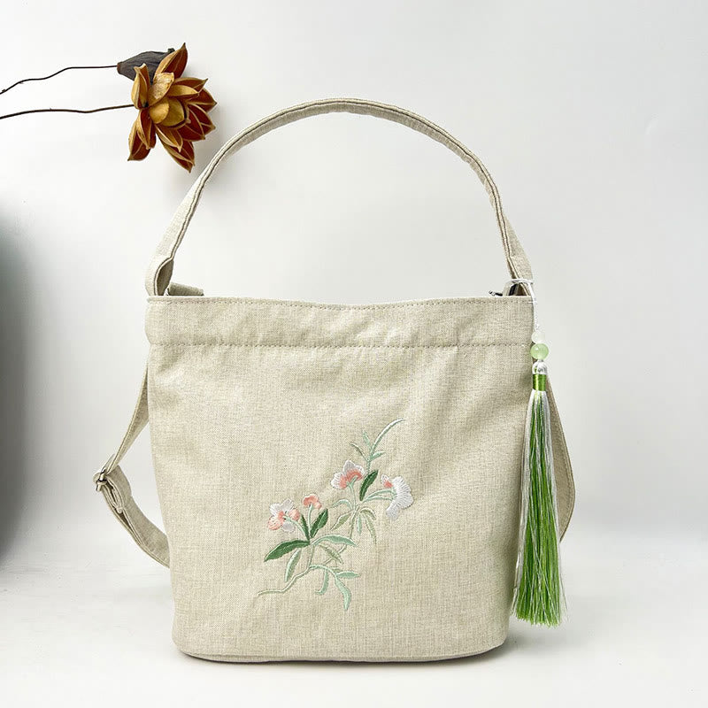 Buddha Stones刺繍藤梅蓮桜コットンリネンキャンバストートクロスボディバッグショルダーバッグハンドバッグ