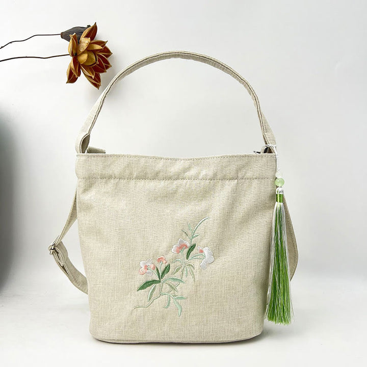 Buddha Stones刺繍藤梅蓮桜コットンリネンキャンバストートクロスボディバッグショルダーバッグハンドバッグ