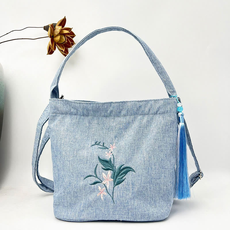 Buddha Stones刺繍藤梅蓮桜コットンリネンキャンバストートクロスボディバッグショルダーバッグハンドバッグ