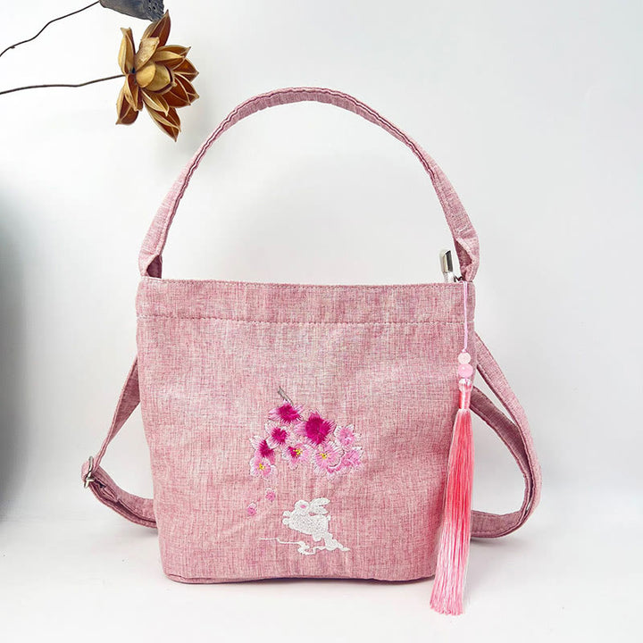 Buddha Stones刺繍藤梅蓮桜コットンリネンキャンバストートクロスボディバッグショルダーバッグハンドバッグ