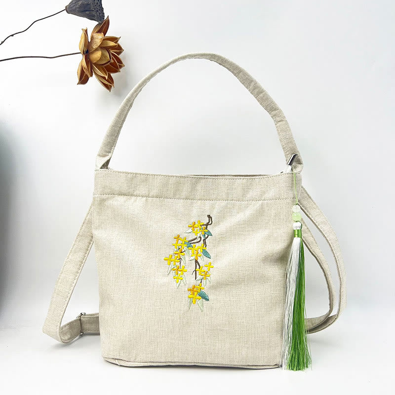Buddha Stones刺繍藤梅蓮桜コットンリネンキャンバストートクロスボディバッグショルダーバッグハンドバッグ