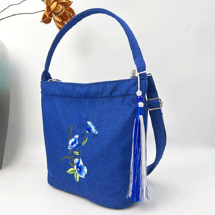 Buddha Stones刺繍藤梅蓮桜コットンリネンキャンバストートクロスボディバッグショルダーバッグハンドバッグ