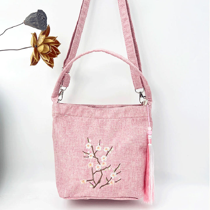 Buddha Stones刺繍藤梅蓮桜コットンリネンキャンバストートクロスボディバッグショルダーバッグハンドバッグ