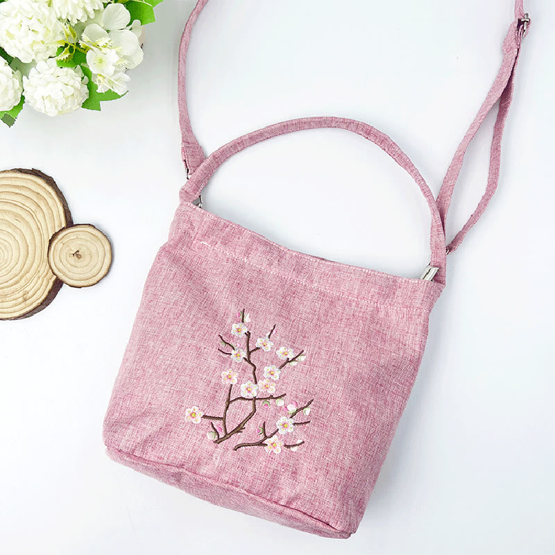 Buddha Stones刺繍藤梅蓮桜コットンリネンキャンバストートクロスボディバッグショルダーバッグハンドバッグ