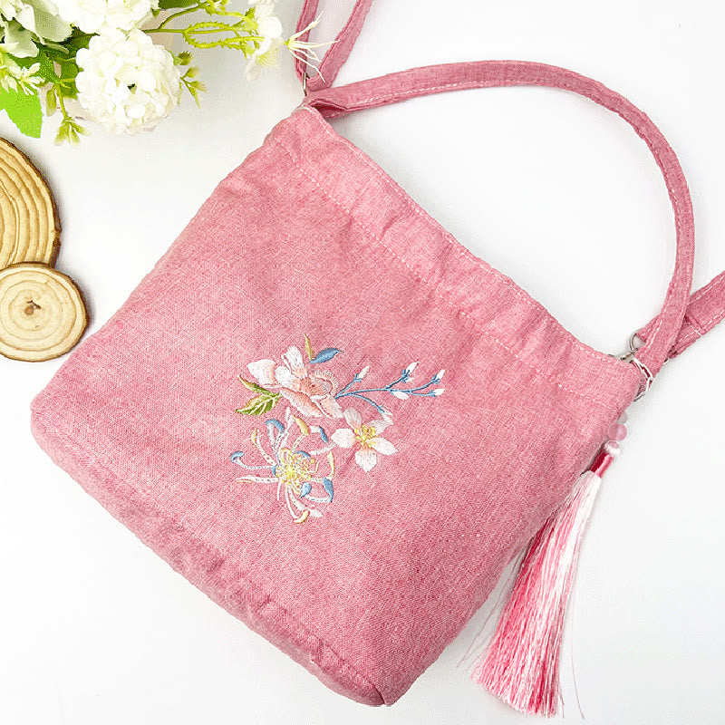 Buddha Stones刺繍藤梅蓮桜コットンリネンキャンバストートクロスボディバッグショルダーバッグハンドバッグ