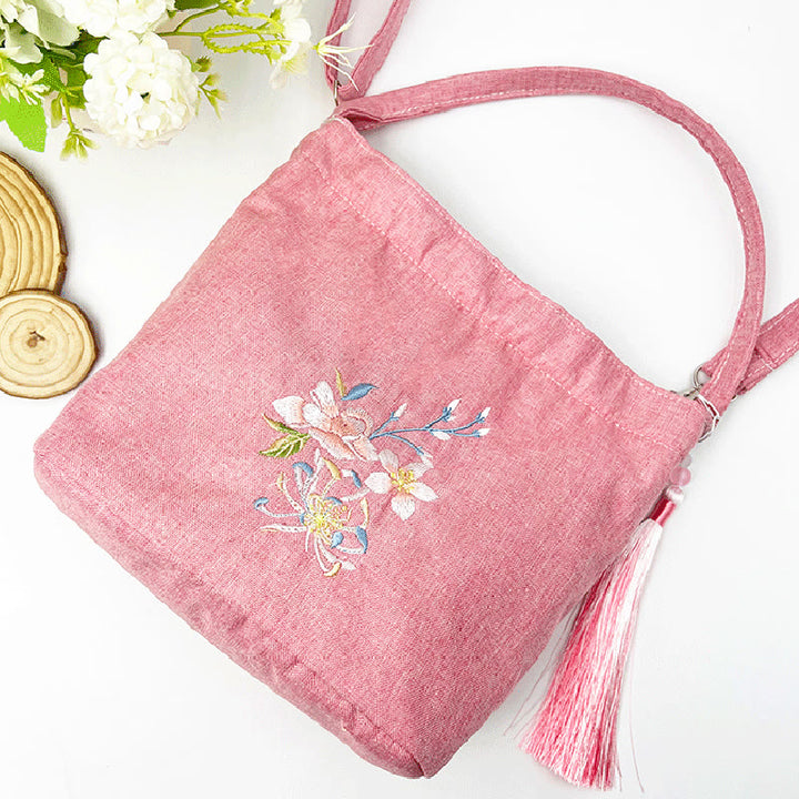Buddha Stones刺繍藤梅蓮桜コットンリネンキャンバストートクロスボディバッグショルダーバッグハンドバッグ