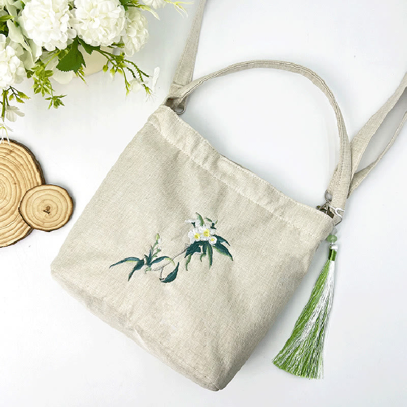 Buddha Stones刺繍藤梅蓮桜コットンリネンキャンバストートクロスボディバッグショルダーバッグハンドバッグ