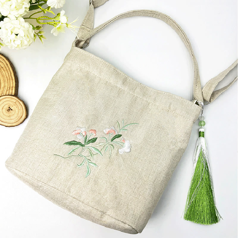 Buddha Stones刺繍藤梅蓮桜コットンリネンキャンバストートクロスボディバッグショルダーバッグハンドバッグ