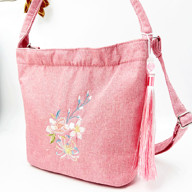 Buddha Stones刺繍藤梅蓮桜コットンリネンキャンバストートクロスボディバッグショルダーバッグハンドバッグ