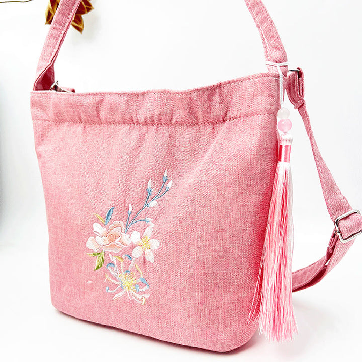 Buddha Stones刺繍藤梅蓮桜コットンリネンキャンバストートクロスボディバッグショルダーバッグハンドバッグ