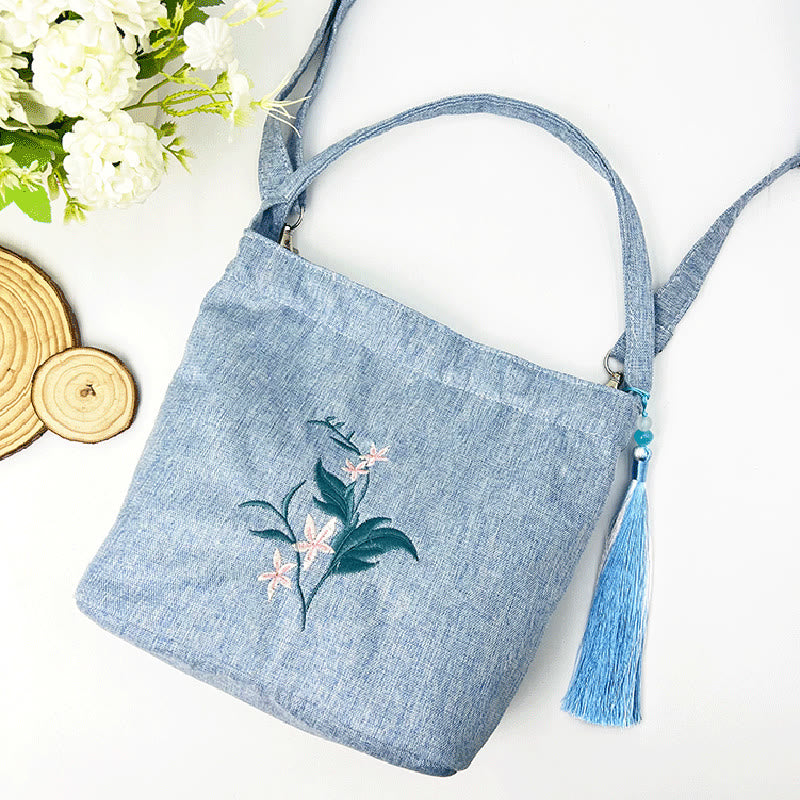 Buddha Stones刺繍藤梅蓮桜コットンリネンキャンバストートクロスボディバッグショルダーバッグハンドバッグ