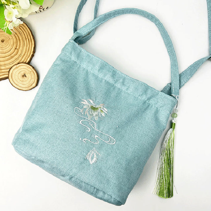 Buddha Stones刺繍藤梅蓮桜コットンリネンキャンバストートクロスボディバッグショルダーバッグハンドバッグ