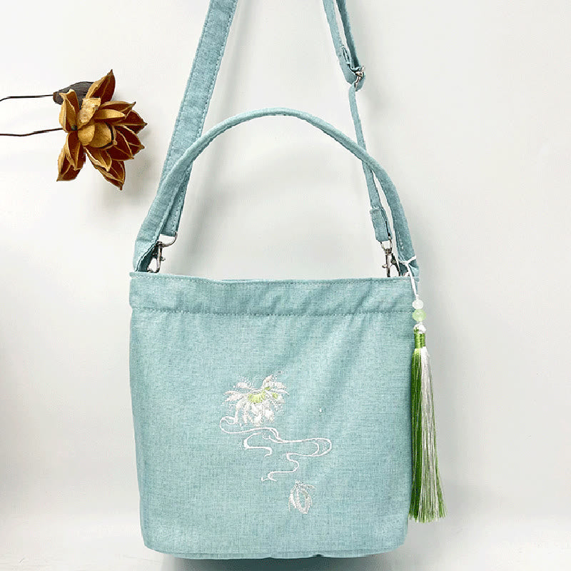 Buddha Stones刺繍藤梅蓮桜コットンリネンキャンバストートクロスボディバッグショルダーバッグハンドバッグ