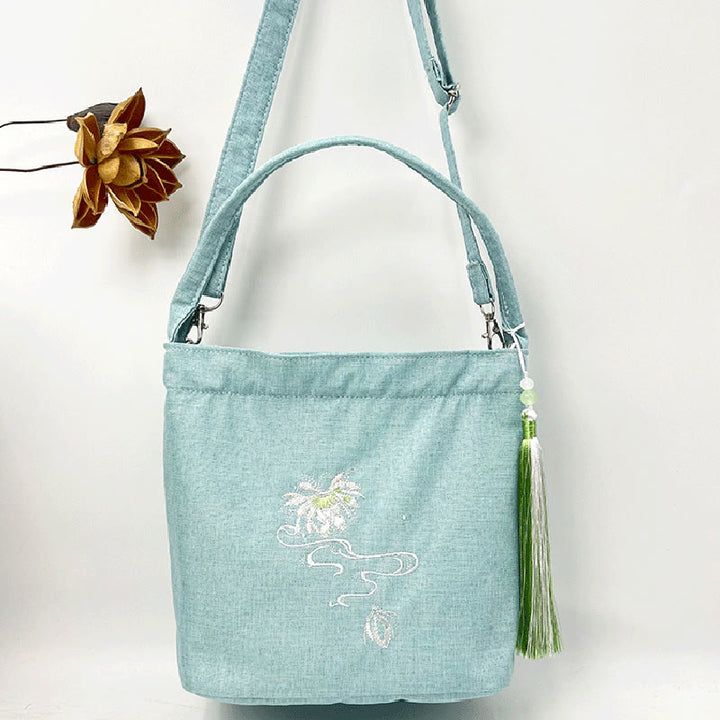 Buddha Stones刺繍藤梅蓮桜コットンリネンキャンバストートクロスボディバッグショルダーバッグハンドバッグ